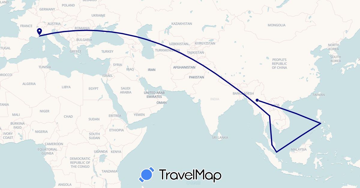 TravelMap itinerary: driving in France, Laos, Myanmar (Burma), Malaysia, Philippines, Singapore, Thailand (Asia, Europe)